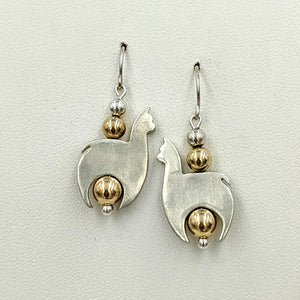 Alpaca Huacaya Crescent Earrings With Gold-Filled Beads & Satin Finish - Unique design; Sterling silver Alpaca - hand-made accented with gold-filled beads & hanging on French wires.