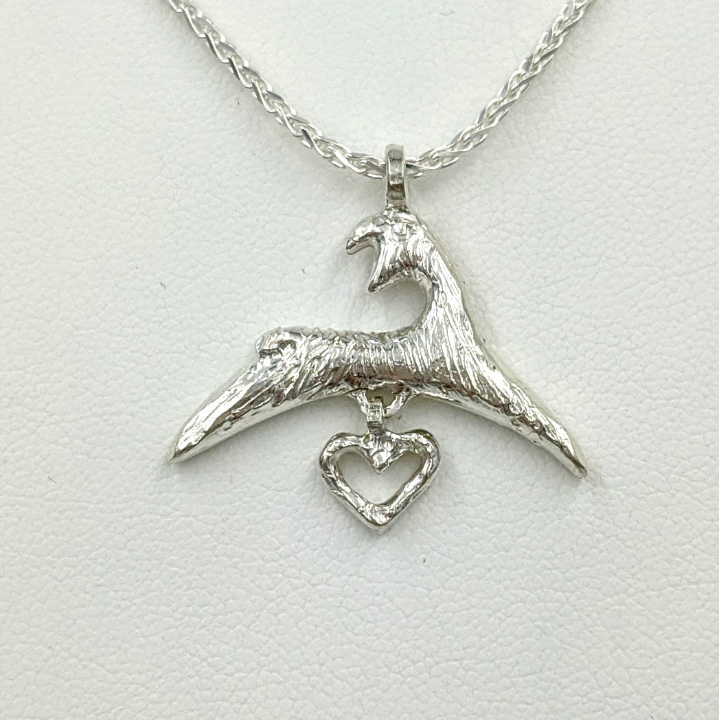  Alpaca or Llama Springing Spiriting Crescent Pendant Sterling Silver with Open Heart Dangle