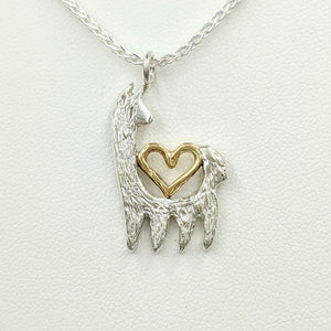 Alpaca or Llama Reflection Open Heart Pendant  - Sterling Silver with 14K Yellow Gold Heart Accent