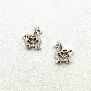 Alpaca or Llama Compact Open Heart Earrings - Sterling Silver with 14K Rose Gold Heart Accent on Posts