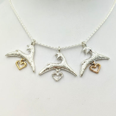 3 Alpaca or Llama Springing Spiriting Crescent Pendants with Open Heart Dangles - Sterling Silver with !4K Yellow Gold Heart Dangle - Sterling Silver Heart Dangle - 14K Rose Gold Heart Dangle