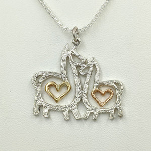 Alpaca or Llama Duo Compact Open Heart Pendant - Sterling Silver with 14K Yellow Gold and 14K Rose Gold Heart Accent Dangles