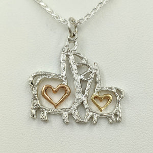 Alpaca or Llama Duo Compact Open Heart Pendant - Sterling Silver with 14K Yellow Gold and 14K Rose Gold Heart Accent Dangles