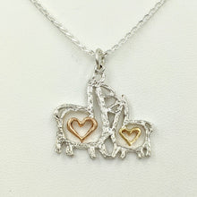 Load image into Gallery viewer, Alpaca or Llama Duo Compact Open Heart Pendant - Sterling Silver with 14K Yellow Gold and 14K Rose Gold Heart Accent Dangles