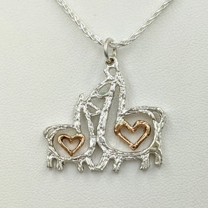 Alpaca or Llama Duo Compact Open Heart Pendant - Sterling Silver with 14K Rose Gold Heart Accent Dangles