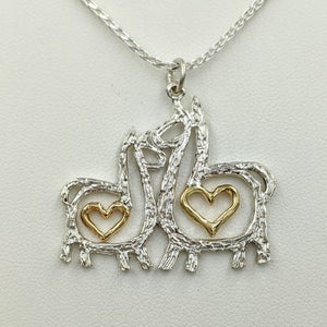 Alpaca or Llama Duo Compact Open Heart Pendant - Sterling Silver with 14K Yellow Gold Heart Accent Dangles