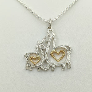 Alpaca or Llama Duo Compact Open Heart Pendant - Sterling Silver with 14K Yellow Gold Accent Dangles