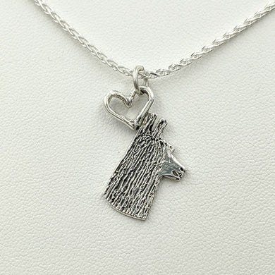 Alpaca Suri or Llama Silhouette Profile Pendant with Heart - Sterling Silver