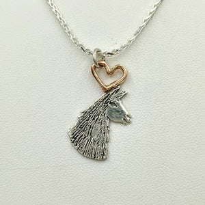 Llama Silhouette Profile Pendant with Heart - Sterling silver with a 14K Yellow Gold Heart