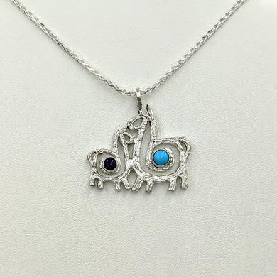 Alpaca or Llama Duo Compact Spiral Pendant with Cabochon Gemstones - Sterling Silver with Lapis and Turquoise