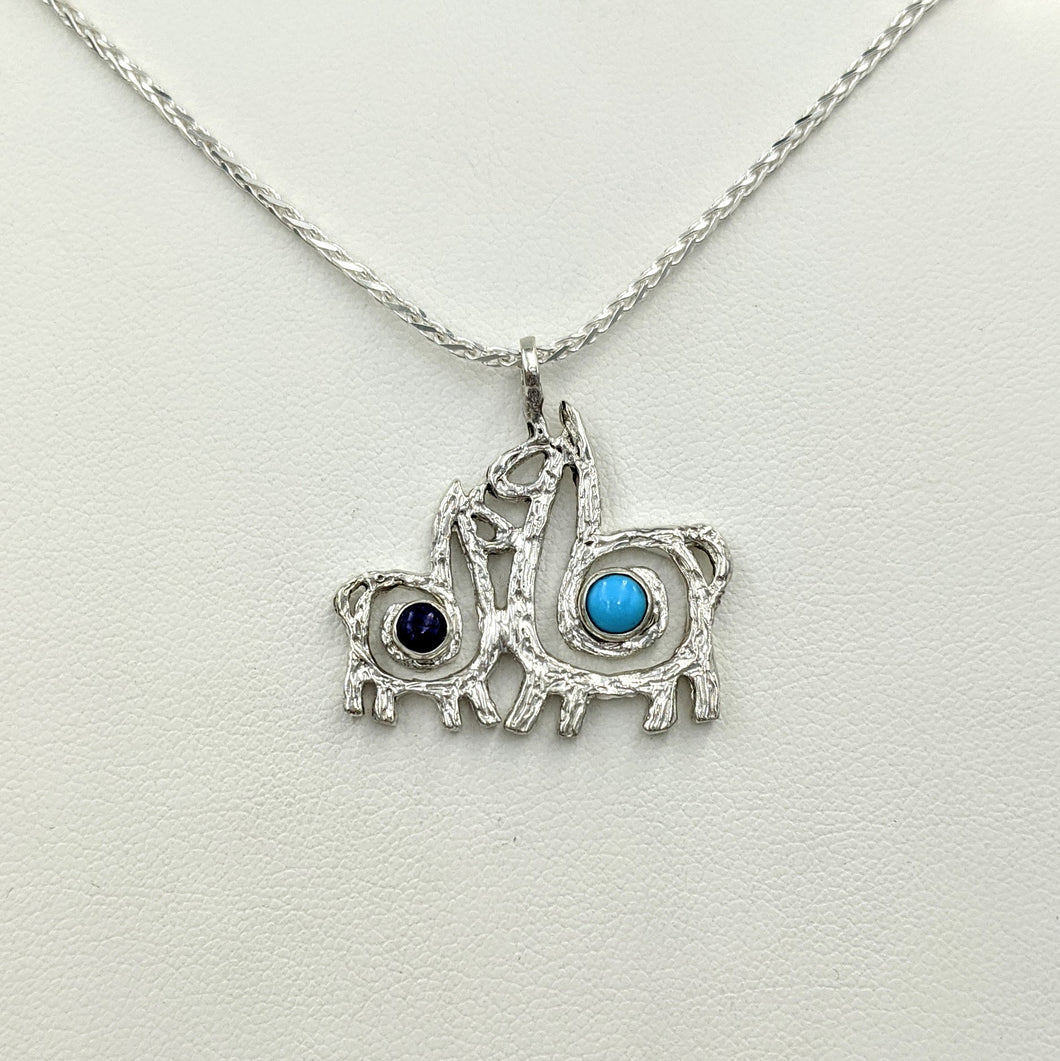 Alpaca or Llama Duo Compact Spiral Pendant with Cabochon Gemstones - Sterling Silver with Lapis and Turquoise