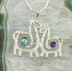 Alpaca or Llama Duo Compact Spiral Pendant with Cabochon Gemstones - Sterling Silver with Amethyst and blue Topaz