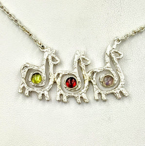 Alpaca or Llama Compact Spiral Bar Necklace with Cabochon Gemstones - 3 Animals