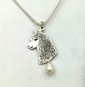 Alpaca Huacaya Head Pendant or Pin with Freshwater Pearl Dangle