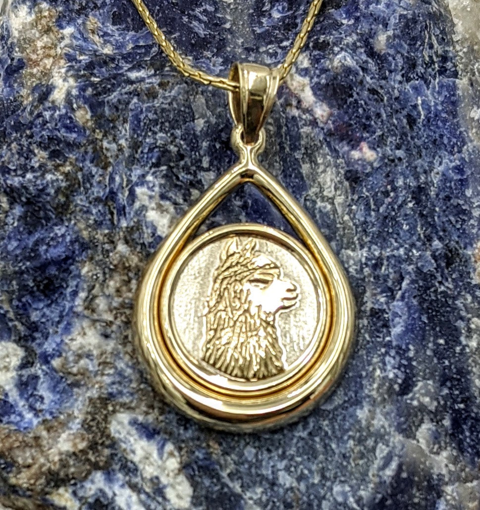 Alpaca Huacaya Silhouette Teardrop Coin Pendant Two-Tone 14K Yellow and White Gold- Limited Edition