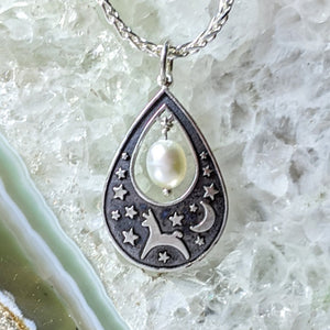 Alpaca or Llama Celestial Spirit Teardrop Pendant with Pearl
