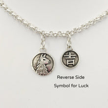 Load image into Gallery viewer, Llama Luck Reversible Charms showing both sides -the Llama head and the Good Luck symbol Sterling Silver