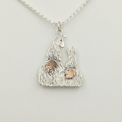 Sterling Silver Swoosh Tush Kush (laying down) Kiss Pendant - Sterling Silver Mother and Baby Cria Touching Noses with 14K Rose Gold Tails that actually move