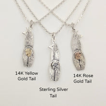 Load image into Gallery viewer, Viewed from behind, 3 choices of Silver Swoosh Tush Llama Pendants - one with a 14K Yellow Gold tail, one with a Sterling Silver tail, and one with a 14K Rose gold tail