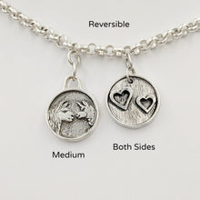 Load image into Gallery viewer, Llama  Momma Baby Cria Kiss Charm - Reversible Charm; medium size.  Mother and baby on one side; 2 hearts on the reverse.  Sterling Silver