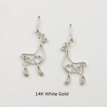 Load image into Gallery viewer, Alpaca or Llama Romantic Ribbon Momma And Baby Cria Earrings on French wires- Looks like a continuous line drawing made onto the shape of an alpaca or llama Smooth finish 14K White Gold