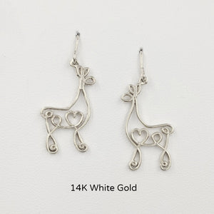 Alpaca or Llama Romantic Ribbon Momma And Baby Cria Earrings on French wires- Looks like a continuous line drawing made onto the shape of an alpaca or llama Smooth finish 14K White Gold