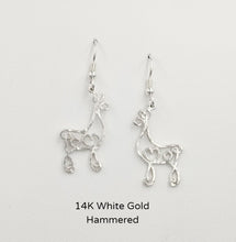 Load image into Gallery viewer, Alpaca or Llama Romantic Ribbon Momma And Baby Cria Earrings on French wires- Looks like a continuous line drawing made onto the shape of an alpaca or llama Hammered texture 14K White Gold