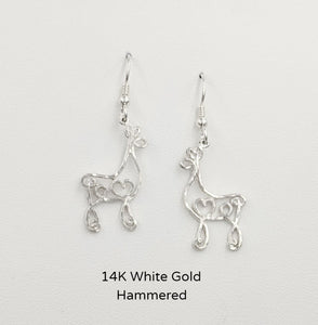 Alpaca or Llama Romantic Ribbon Momma And Baby Cria Earrings on French wires- Looks like a continuous line drawing made onto the shape of an alpaca or llama Hammered texture 14K White Gold