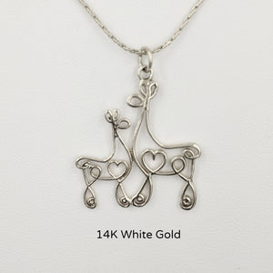 Alpaca or Llama Romantic Ribbon Momma And Baby Cria Pendant - Looks like a continuous line drawing made onto the shape of an alpaca or llama  14K White Gold