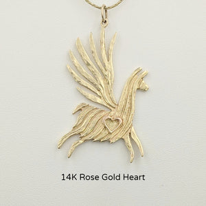 Alpaca or Llama Winged Soaring Spirit with Heart Pendant 14K Yellow Gold animal with 14K Rose Gold heart accent  fiber finish