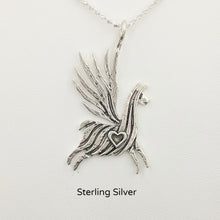 Load image into Gallery viewer, Alpaca or Llama Winged Soaring Spirit with Heart Pendant Sterling Silver
