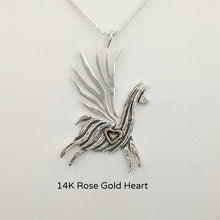 Load image into Gallery viewer, Alpaca or Llama Winged Soaring Spirit with Heart Pendant Sterling Silver animal with 14K Rose Gold heart accent  fiber finish