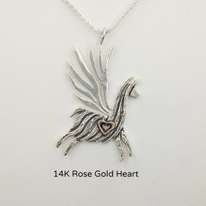 Alpaca or Llama Winged Soaring Spirit with Heart Pendant Sterling Silver animal with 14K Rose Gold heart accent  fiber finish