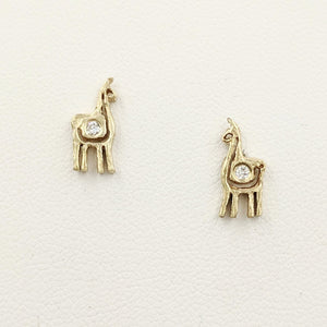 Alpaca or Llama Petite Spiral Earrings with Diamonds  stretchy 14K Yellow Gold on posts