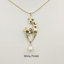 Load image into Gallery viewer,   Alpaca or Llama Spirit Image Pendants- with a White Freshwater Pearl Dangle - 14K Yellow Gold with a satin finish