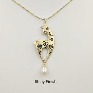   Alpaca or Llama Spirit Image Pendants- with a White Freshwater Pearl Dangle - 14K Yellow Gold with a satin finish