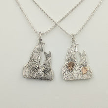 Load image into Gallery viewer, 2 Sterling Silver Swoosh Tush Kush (laying down) Kiss Pendants - 1 Sterling Silver Mother and Baby Cria Touching Noses and 1 with Sterling  Silver Mother and Baby Cria Touching Noses with 14K Rose Gold Tails that actually move
