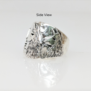 Llama Silhouette Cigar Band Style Ring - Side view of the 3 Heads - showing tapered design.  Sterling Silver