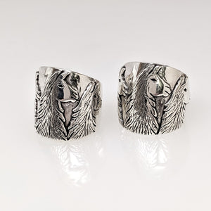 Llama Silhouette Cigar Band Style Ring - Side view of the 3 Heads -23mm - showing tapered design.  Sterling Silver