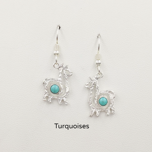 Alpaca or Llama Compact Spiral  Earrings with Turquoise Gemstones - Sterling Silver on French Wires
