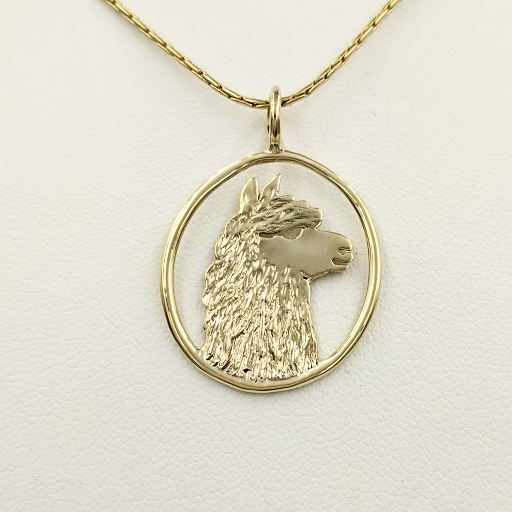 Alpaca Huacaya Head Open View Pendant - Classic open design with the unique silhouette of a Huacaya alpaca head. 14K Yellow Gold.