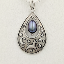 Load image into Gallery viewer, Alpaca or Llama Celestial Spirit Teardrop Pendant with Pearl  Sterling Silver with raven freshwater pearl dangle