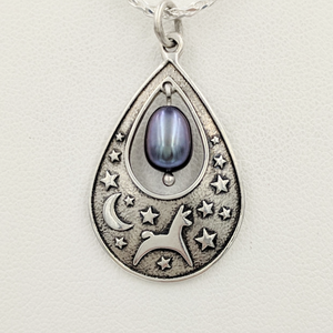 Alpaca or Llama Celestial Spirit Teardrop Pendant with Pearl  Sterling Silver with raven freshwater pearl dangle