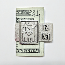 Load image into Gallery viewer, Custom Money Clip with Farm or Ranch Logo - Sterling Silver with Initials R &amp; M