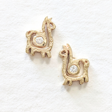 Load image into Gallery viewer, Alpaca or Llama Petite Spiral Earrings with Diamonds  compact 14K Yellow Gold on posts