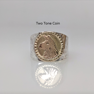 Llama Silhouette  Profile Coin Ring - two tone 14K Gold Coin Accent  Decorative rim