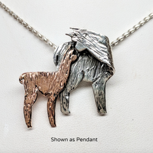 Load image into Gallery viewer, Alpaca Huacaya Kiss Pin - Mother turning back to kiss her baby cria.  Sterling Silver with 14K Rose Gold baby cria; hidden bail (example is shown as a pendant)