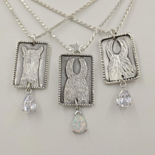Load image into Gallery viewer,  3 ALSA National Show Champion Charm Pendants - Alpaca Reserve National  Champion - Sterling Silver with CZ teardrop dangle, Llama National Champion Sterling Silver with imitation teardrop Opal dangle and Llama Reserve National Champion with CZ teardrop dangle