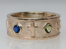 Load image into Gallery viewer, Custom Ring with various Symbols - Cross Icon - 14K Yellow Gold with Faceted Gemstone Accent