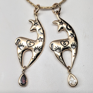  2 Custom Spirit Image Pendants with Genuine Garnet and Clear CZ Teardrop Dangle Accents - 14K Yellow Gold